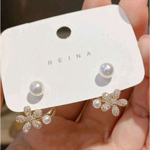 Flower and Pearl Jacket Earrings - Picture 3 of 4